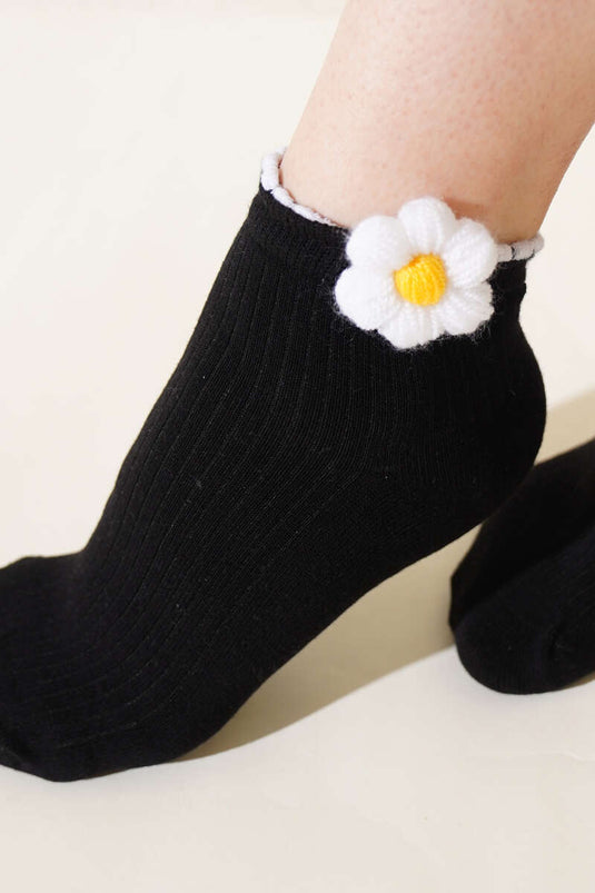 Bayan Papatyalı Soket Çorap Siyah