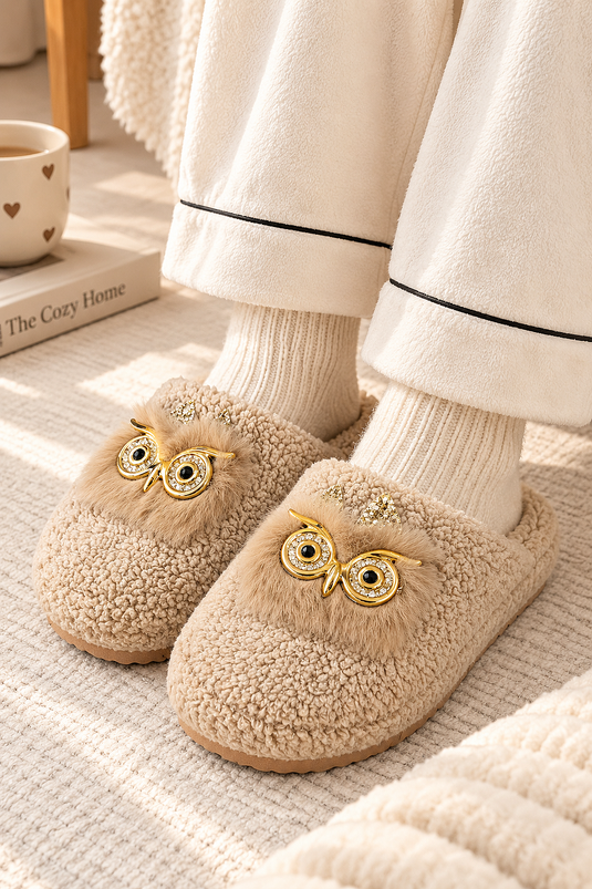 Chaussons Maison Peluche Motif Hibou Beige
