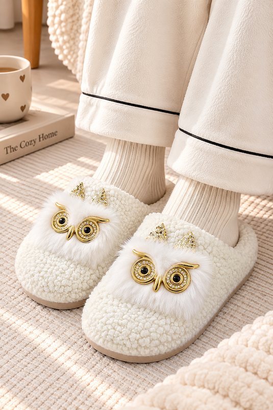 Uil Motief Pluche Huis Slippers Ecru
