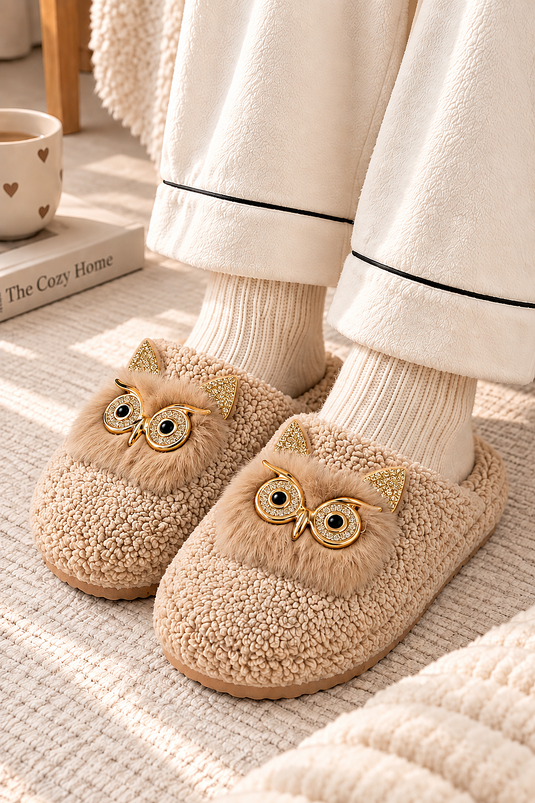 Chaussons Maison Peluche Motif Hibou Mink
