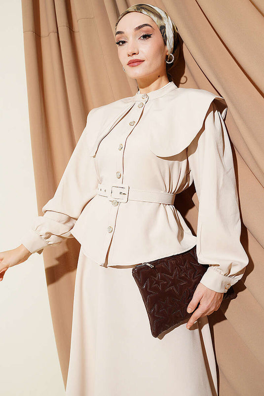 Beige Set with Baby Collar, Elastic Waist, and Belted Skirt