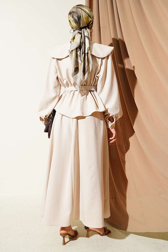Beige Set with Baby Collar, Elastic Waist, and Belted Skirt