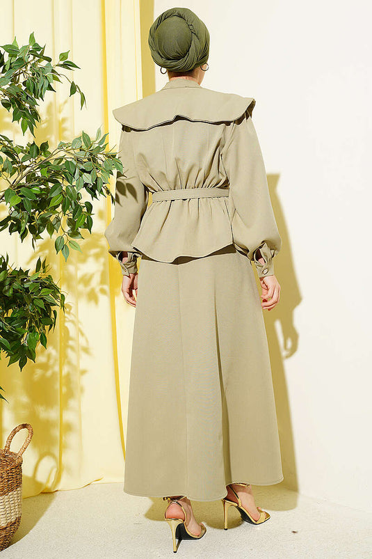 Baby Collar Elastic Waist Belted Skirt Set in Pistachio Green
