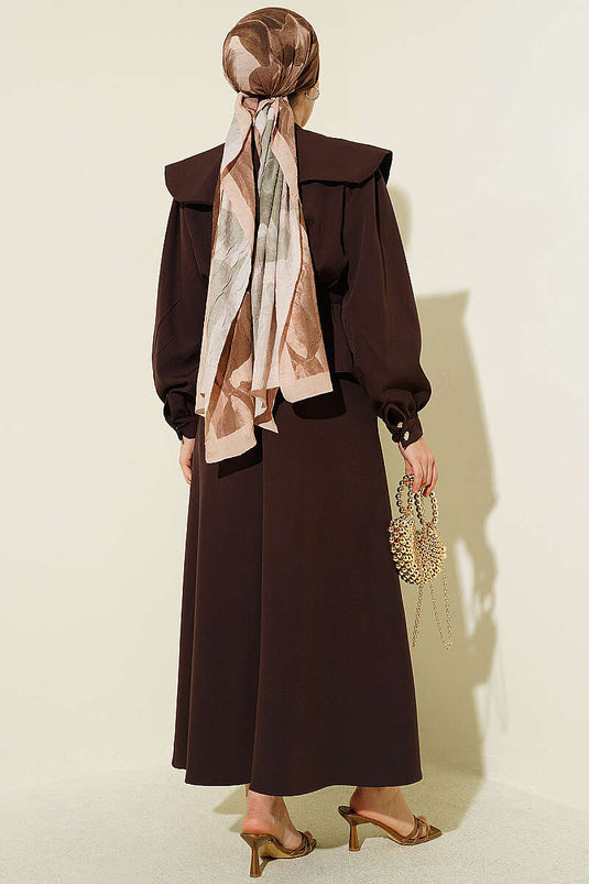 Baby Collar Elastic Waist Belted Skirt Set Brown