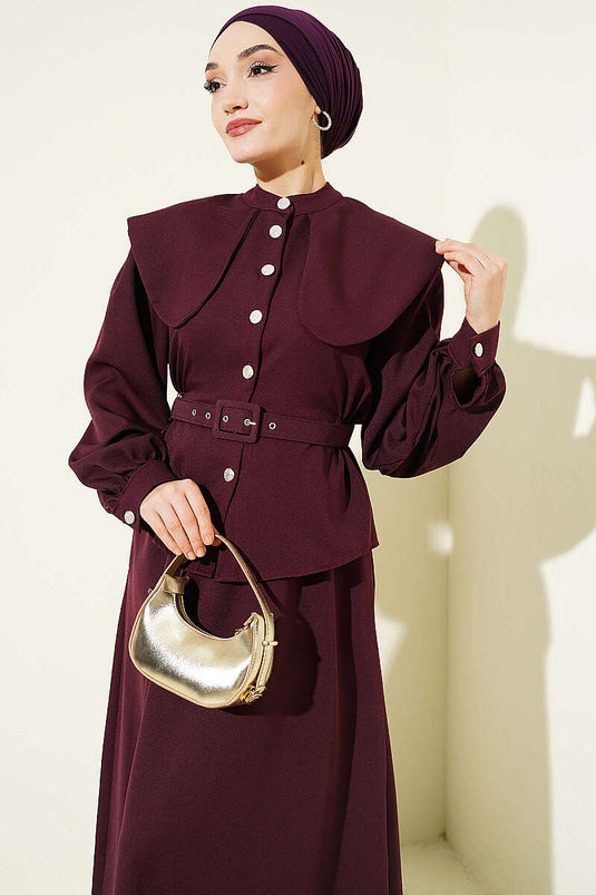 Baby Collar Elastic Waist Belted Skirt Set Burgundy