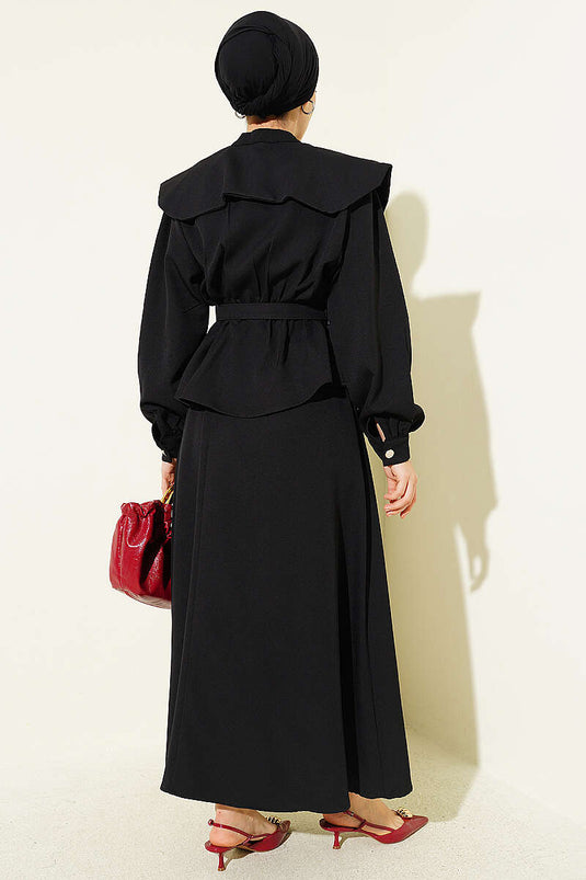 Baby Collar Elastic Waist Belted Skirt Set Black