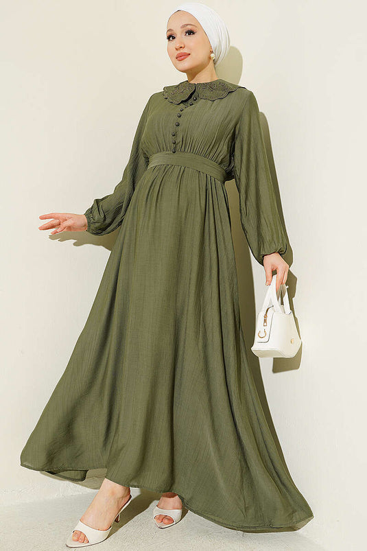 Kaki Dress With Bebe Collar And Elasticated Cuffs