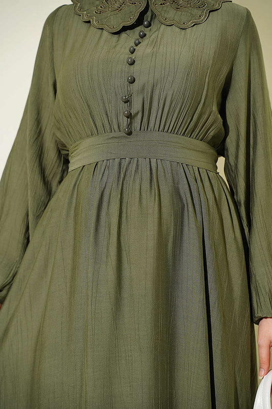 Kaki Dress With Bebe Collar And Elasticated Cuffs