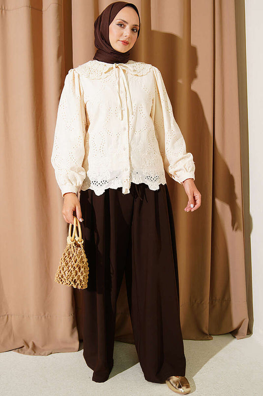 Camicia Beige Con Collo Bebe Ricamato