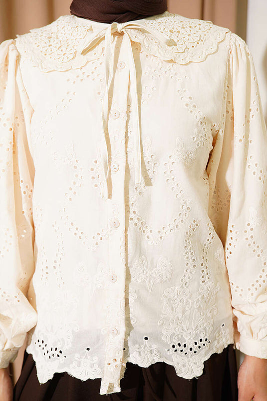 Camicia Beige Con Collo Bebe Ricamato