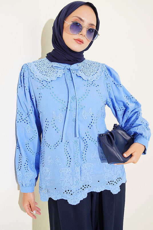 Bluse Mit Stickerei Baby-Kragen Blau