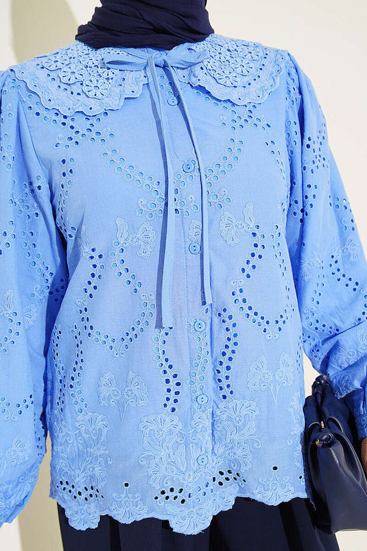 Bluse Mit Stickerei Baby-Kragen Blau