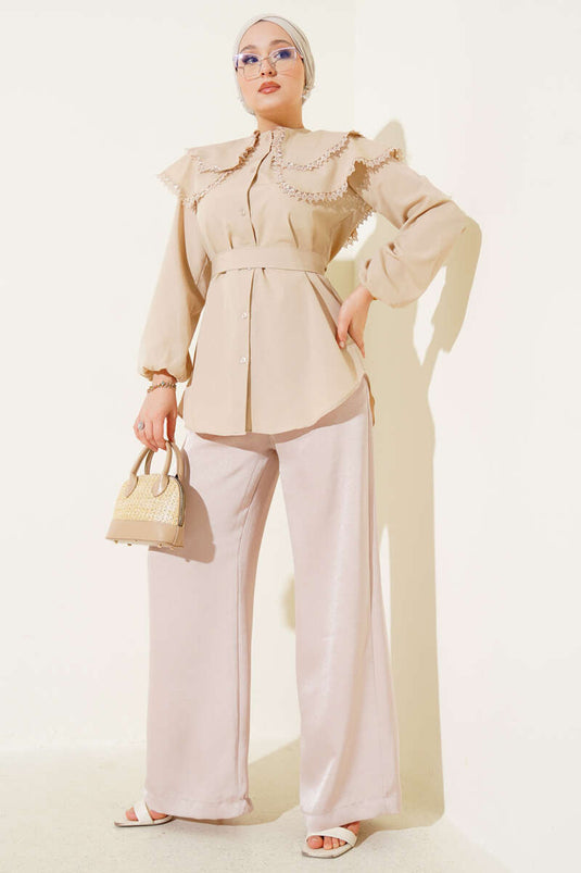 Bebe Yaka Dantelli Gömlek Bej