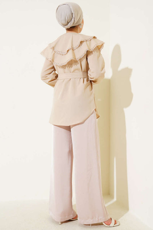 Bebe Yaka Dantelli Gömlek Bej