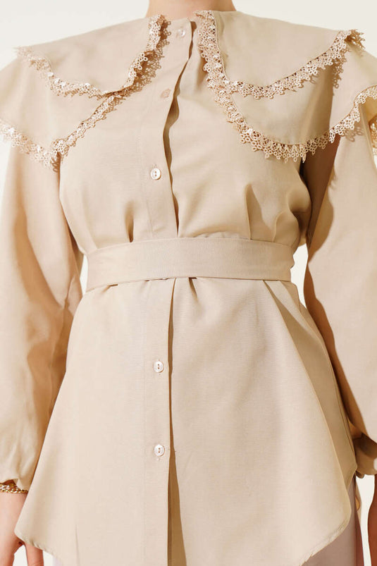 Bebe Yaka Dantelli Gömlek Bej