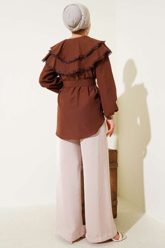 Bebe Yaka Dantelli Gömlek Kahve