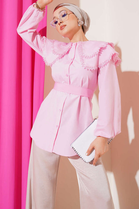 Bebe Yaka Dantelli Gömlek Pembe