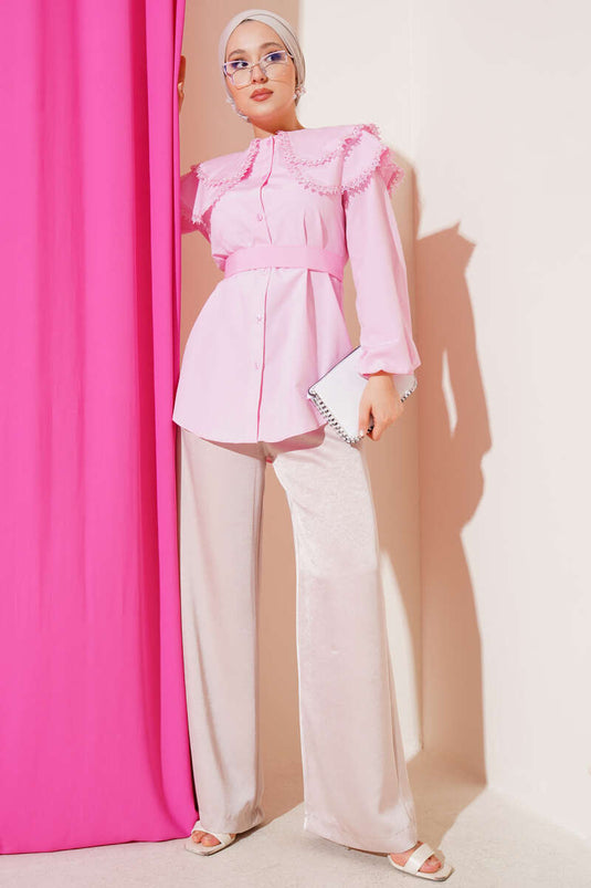 Bebe Yaka Dantelli Gömlek Pembe