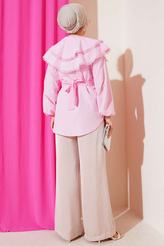 Bebe Yaka Dantelli Gömlek Pembe