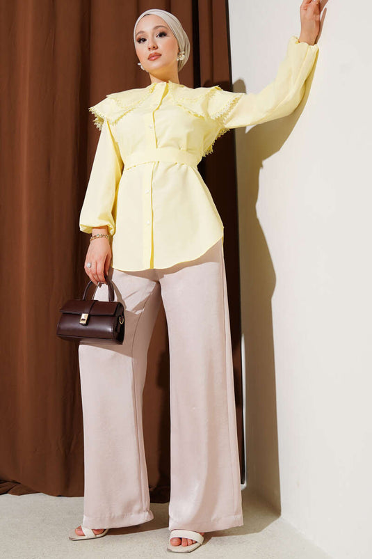 Bebe Yaka Dantelli Gömlek Sarı