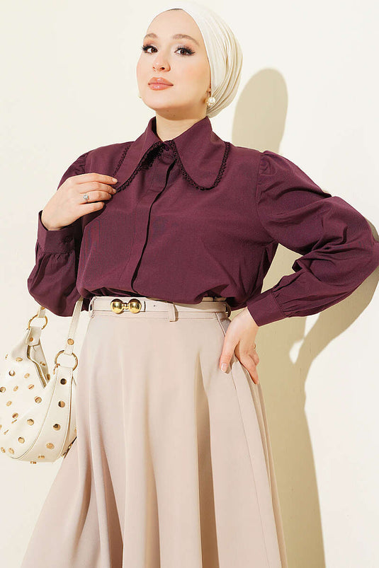 Chemise Courte En Mauve À Col Bébé En Dentelle