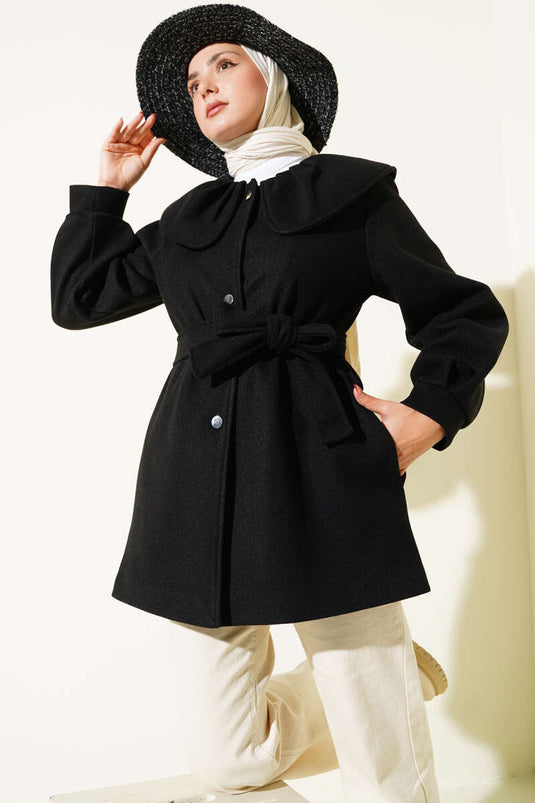 Bebe Yaka Detaylı Kaşe Kaban Siyah