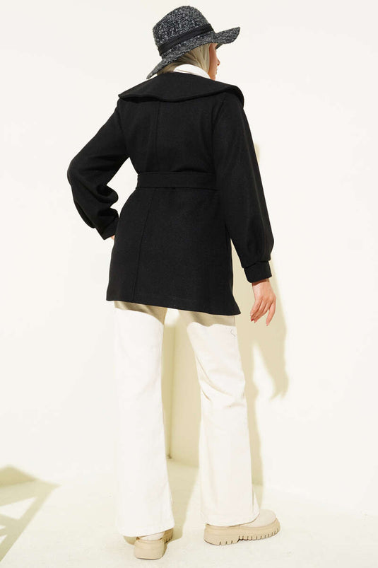 Bebe Yaka Detaylı Kaşe Kaban Siyah