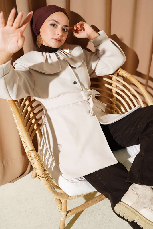 معطف كاشي بياقة طفل مفصلة بلون الحجر