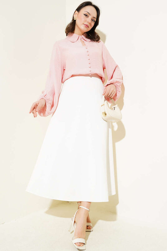 Bebe Yaka Düğme Detaylı Gofre Bluz Pembe