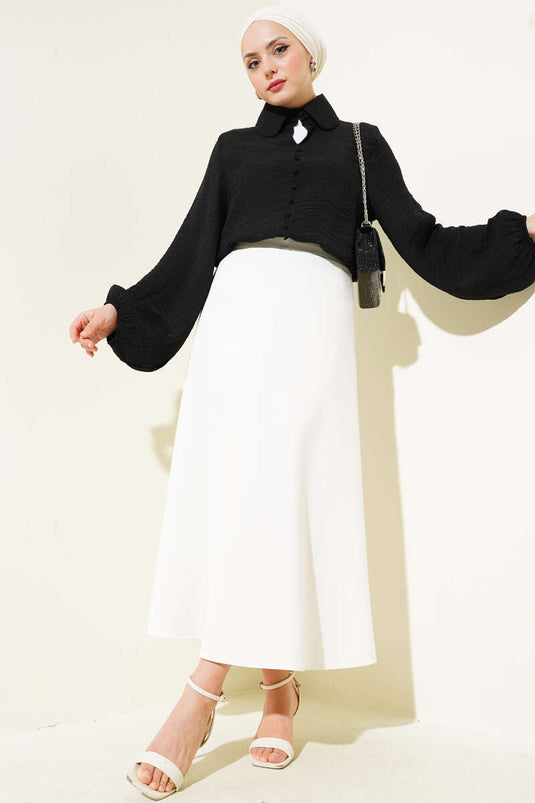 Bebe Yaka Düğme Detaylı Gofre Bluz Siyah