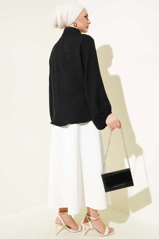 Bebe Yaka Düğme Detaylı Gofre Bluz Siyah