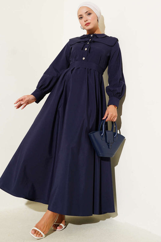 Bebe Yaka Düğme Fiyonklu Elbise Lacivert