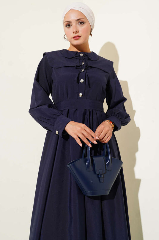 Bebe Yaka Düğme Fiyonklu Elbise Lacivert