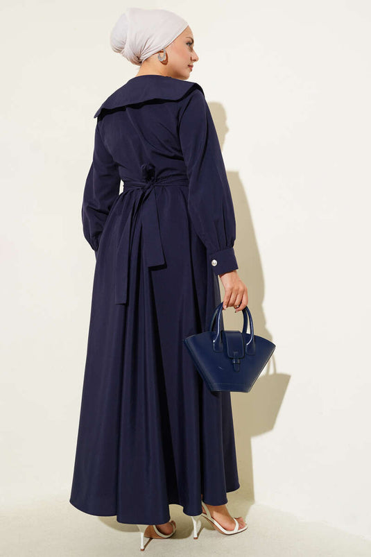 Bebe Yaka Düğme Fiyonklu Elbise Lacivert