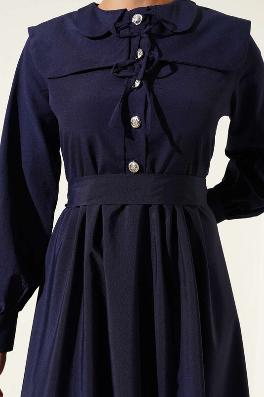 Bebe Yaka Düğme Fiyonklu Elbise Lacivert