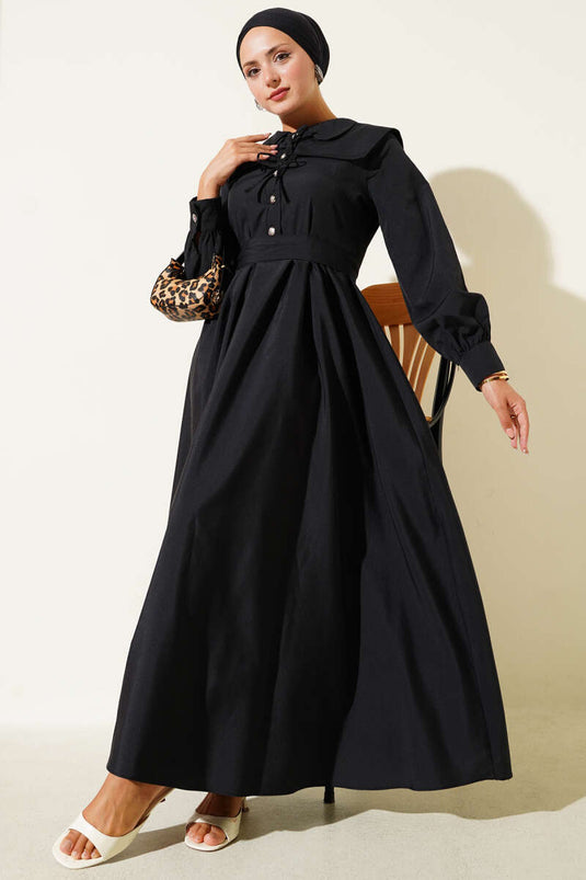 Bebe Yaka Düğme Fiyonklu Elbise Siyah