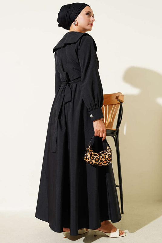 Bebe Yaka Düğme Fiyonklu Elbise Siyah