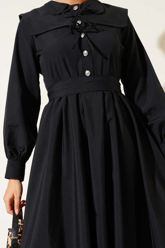 Bebe Yaka Düğme Fiyonklu Elbise Siyah