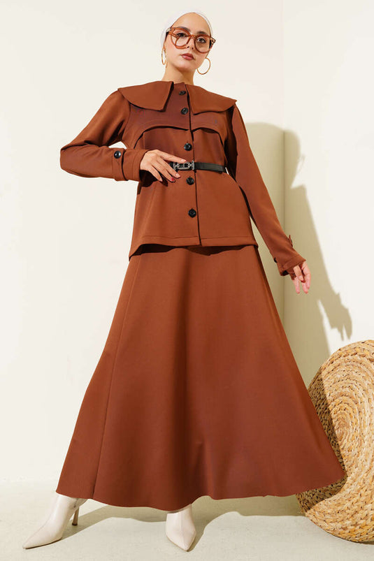 Bebe Yaka Düğmeli Etekli İkili Takım Kestane