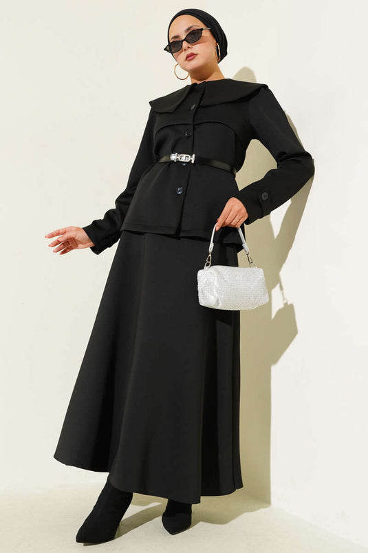 Ensemble deux pièces jupe boutonnée à col Claudine, noir