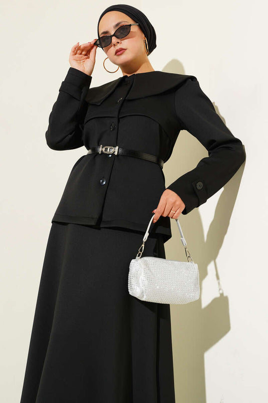 Ensemble deux pièces jupe boutonnée à col Claudine, noir