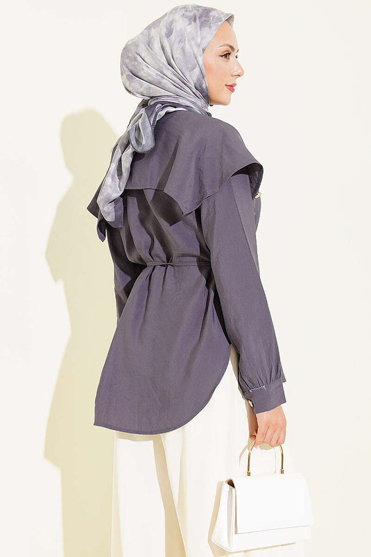 Babykraag Knopenblouse In Rookgrijs