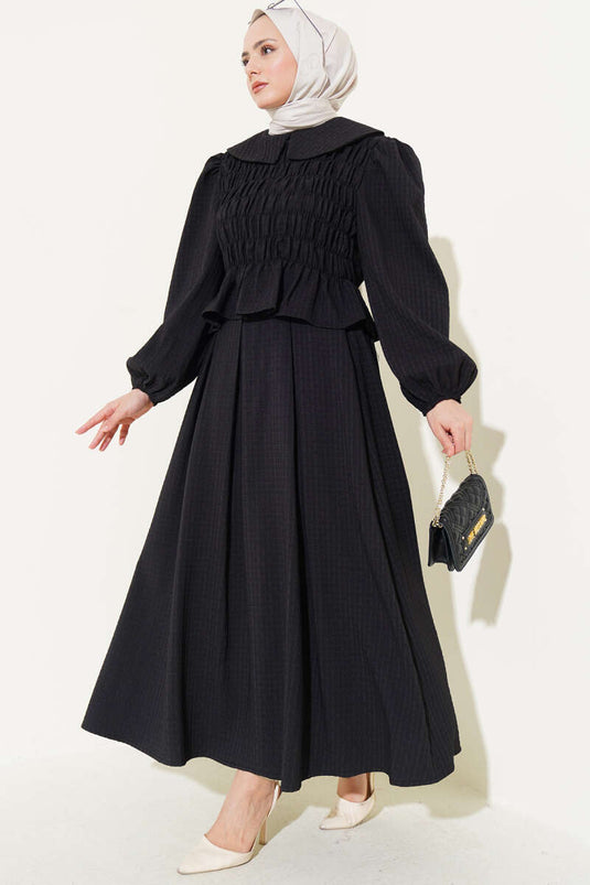 Seersucker-Zweiteiler mit Kragen und Rock für Babys in Schwarz