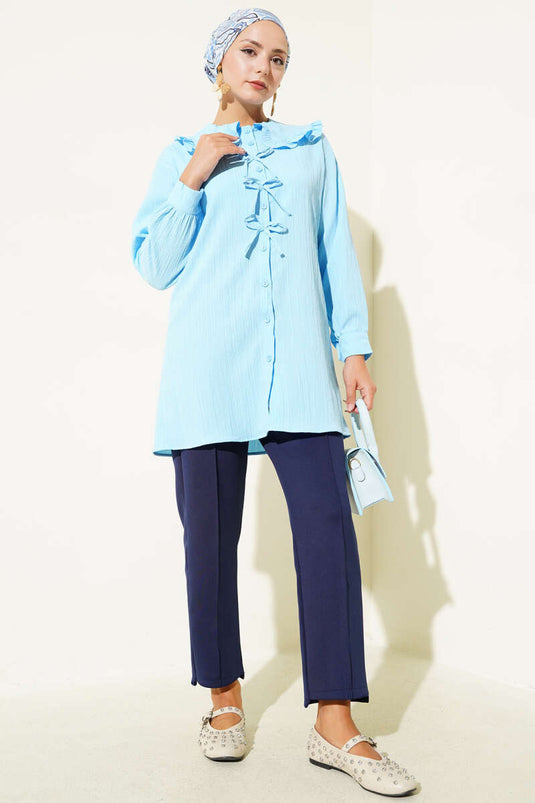 Bebe Yaka Fiyonklu Gömlek Bebe Mavi