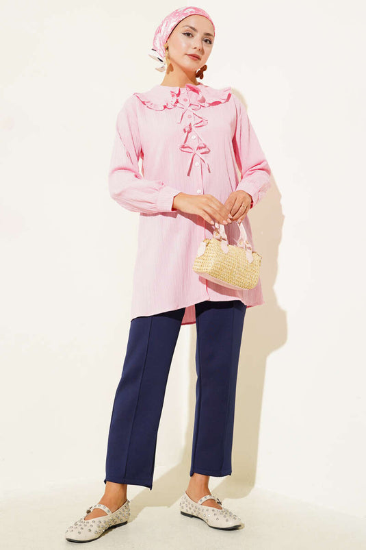 Bebe Yaka Fiyonklu Gömlek Pembe