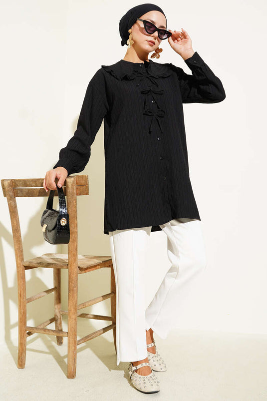 قميص أسود بياقة فيونكة للبنات الصغار