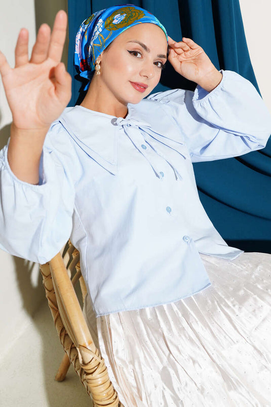 Chemise courte à col nœud bleu bébé