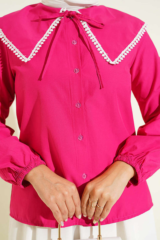 Chemise À Col Bébé Ornée De Détails En Fuchsia