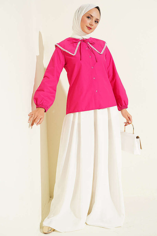 Chemise À Col Bébé Ornée De Détails En Fuchsia