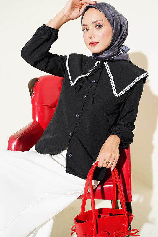 Chemise À Col Bébé Orné De Dentelle Noire
